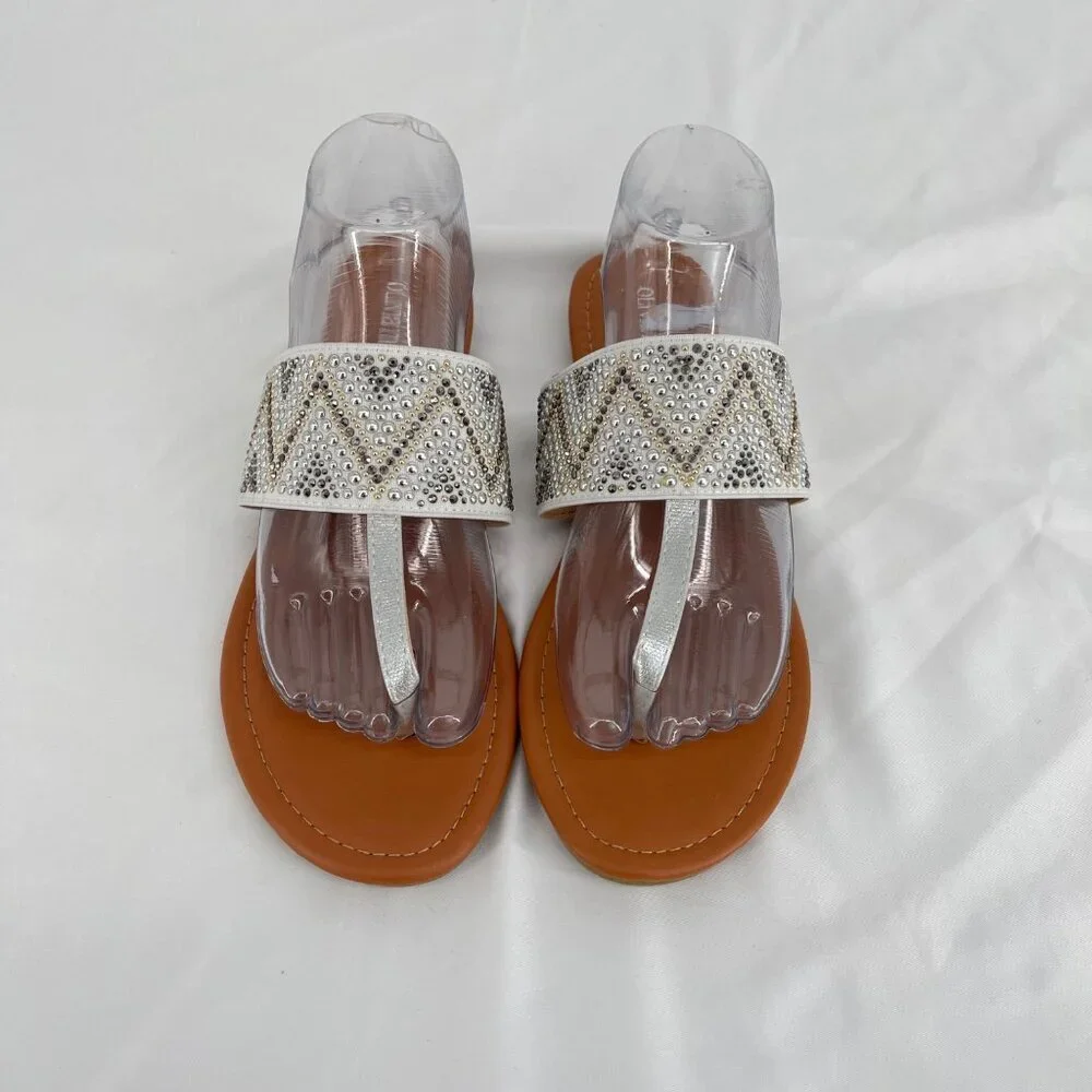 Olivia Miller Women's Rhinestone Studded Slip-On Sandals Size 10 White &‎ Silver